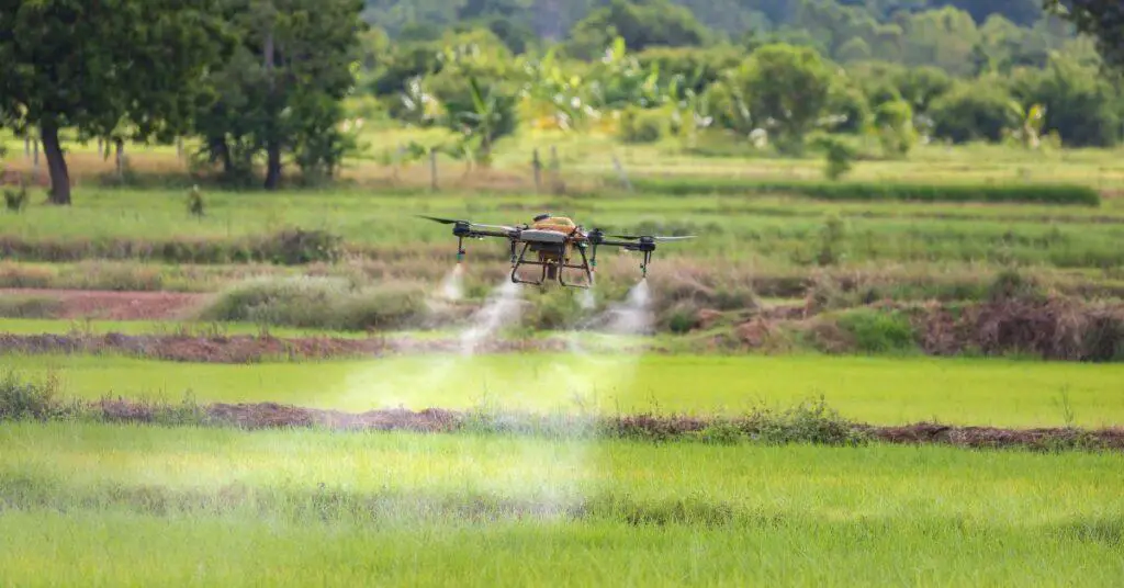 Drone performing spray on crop